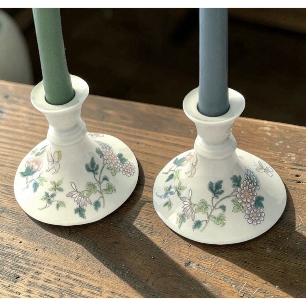 VINTAGE CANDLESTICKS SET Of 2 Takahashi JAPAN Flowers & Butterflies 3364-51